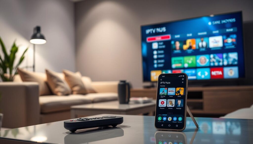 A sophisticated and modern living room setting showcasing a smart TV displaying an IPTV app interface. In the foreground, a stylish coffee table holds a remote control and a smartphone with the IPTV app open, featuring colorful channel icons. The middle ground includes an inviting sofa with plush cushions, and a potted plant in the corner for a touch of greenery. The background depicts soft, ambient lighting highlighting the contemporary decor, creating a cozy atmosphere. The scene should reflect a sense of comfort and modern technology seamlessly integrated into daily life. The image should evoke the idea of enjoying premium content at home, emphasizing the benefits of a top-tier legal IPTV subscription in France. A sophisticated and modern living room setting showcasing a smart TV displaying an IPTV app interface. In the foreground, a stylish coffee table holds a remote control and a smartphone with the IPTV app open, featuring colorful channel icons. The middle ground includes an inviting sofa with plush cushions, and a potted plant in the corner for a touch of greenery. The background depicts soft, ambient lighting highlighting the contemporary decor, creating a cozy atmosphere. The scene should reflect a sense of comfort and modern technology seamlessly integrated into daily life. The image should evoke the idea of enjoying premium content at home, emphasizing the benefits of a top-tier legal IPTV subscription in France.