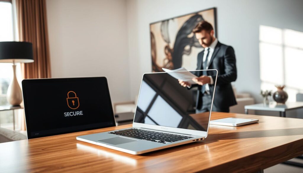 A sophisticated scene depicting a professional adult IPTV subscription environment. In the foreground, a sleek laptop sits on a polished wooden desk, displaying a secure and encrypted IPTV interface on the screen. Nearby, a stylish business person in professional attire is attentively reviewing documents, exuding a sense of discretion and trust. The middle ground features a modern home office setting with elegant décor, soft natural lighting filtering through a large window, casting gentle shadows. In the background, abstract artwork subtly suggests themes of security and privacy without being overt. The overall atmosphere is calm, inviting, and conveys a sense of safety and professionalism. Focus on capturing warm tones and a clean, organized aesthetic to emphasize the commitment to confidentiality in adult IPTV subscriptions.