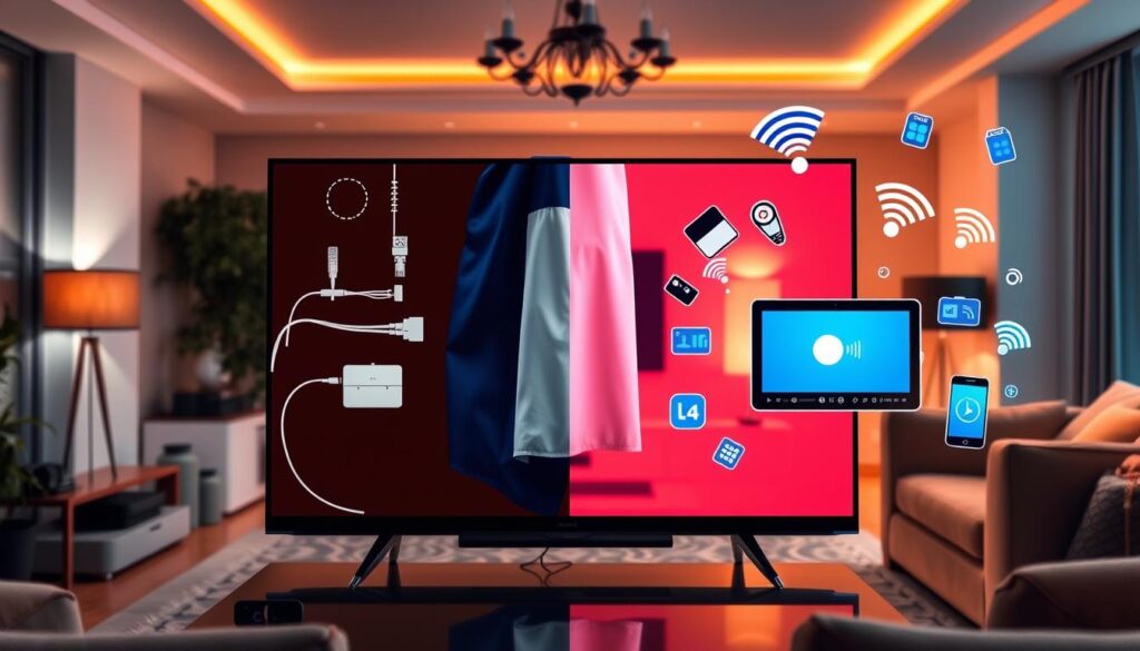 A split image illustrating "IPTV vs OTT" focused on the French market. In the foreground, a modern living room scene featuring a sleek flat-screen TV displaying distinct IPTV and OTT icons. To the left, the IPTV side showcases traditional cable connections, antennas, and a remote, all in bright, warm lighting. To the right, the OTT side displays streaming apps on a tablet and smartphone, surrounded by popular streaming symbols like a play button and wifi signals, illuminated with cool, blue tones. In the middle ground, a French flag subtly drapes across both sides, symbolizing the regional context. The background portrays a cozy, inviting ambiance with stylish furniture, echoing a contemporary household setting. Aim for a balanced composition with a thoughtful contrast in lighting and color that evokes a sense of technological evolution. A split image illustrating "IPTV vs OTT" focused on the French market. In the foreground, a modern living room scene featuring a sleek flat-screen TV displaying distinct IPTV and OTT icons. To the left, the IPTV side showcases traditional cable connections, antennas, and a remote, all in bright, warm lighting. To the right, the OTT side displays streaming apps on a tablet and smartphone, surrounded by popular streaming symbols like a play button and wifi signals, illuminated with cool, blue tones. In the middle ground, a French flag subtly drapes across both sides, symbolizing the regional context. The background portrays a cozy, inviting ambiance with stylish furniture, echoing a contemporary household setting. Aim for a balanced composition with a thoughtful contrast in lighting and color that evokes a sense of technological evolution.