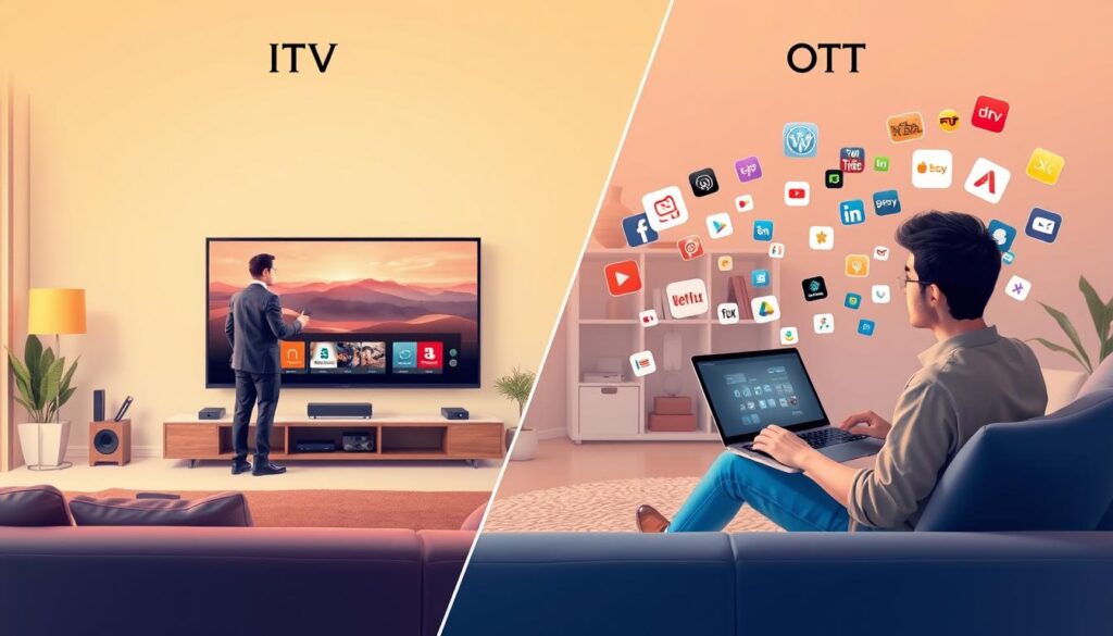 A split-screen illustration depicting the distinctions between IPTV and OTT services. On the left, showcase IPTV elements with a modern living room setting featuring a large, sleek television displaying a high-definition streaming interface. Include a professional person in business attire, holding a remote control, engaged with the content. On the right, depict OTT services with a cozy home office environment where a laptop streams various applications. A relaxed individual in casual clothing watches intently on the laptop, with vibrant icons representing different OTT platforms floating around. Use soft, ambient lighting to create a warm and inviting atmosphere, with a focus on clarity and detail. The background should blend smoothly to emphasize the contrast between the two services without distractions. A split-screen illustration depicting the distinctions between IPTV and OTT services. On the left, showcase IPTV elements with a modern living room setting featuring a large, sleek television displaying a high-definition streaming interface. Include a professional person in business attire, holding a remote control, engaged with the content. On the right, depict OTT services with a cozy home office environment where a laptop streams various applications. A relaxed individual in casual clothing watches intently on the laptop, with vibrant icons representing different OTT platforms floating around. Use soft, ambient lighting to create a warm and inviting atmosphere, with a focus on clarity and detail. The background should blend smoothly to emphasize the contrast between the two services without distractions.