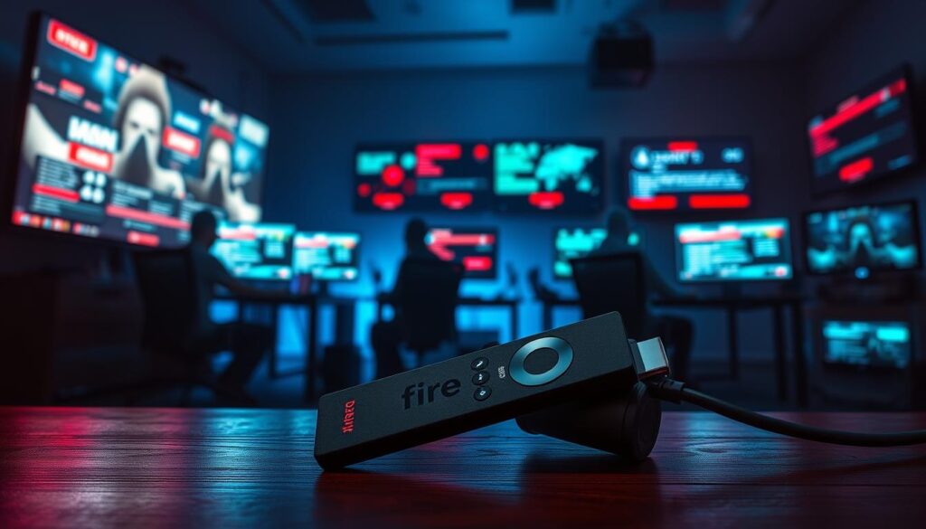 A striking digital composition depicting the dual impact of a Fire Stick device against a backdrop of streaming piracy. In the foreground, a realistic Fire Stick plugged into a TV, with vibrant streaming content displayed, symbolizing access. In the middle ground, enhanced silhouettes of hackers at computers, symbolizing the world of piracy, with screens showing disturbing code or blocked content under digital red alerts. In the background, a dimly lit room filled with flickering screens, casting a moody blue light, representing the tension between innovation and restriction. The atmosphere is charged and dynamic, highlighting the ongoing conflict between entertainment access and regulatory challenges. Use soft lighting focused on the Fire Stick to create a compelling focal point while maintaining a slightly shadowy environment to enhance the sense of intrigue. A striking digital composition depicting the dual impact of a Fire Stick device against a backdrop of streaming piracy. In the foreground, a realistic Fire Stick plugged into a TV, with vibrant streaming content displayed, symbolizing access. In the middle ground, enhanced silhouettes of hackers at computers, symbolizing the world of piracy, with screens showing disturbing code or blocked content under digital red alerts. In the background, a dimly lit room filled with flickering screens, casting a moody blue light, representing the tension between innovation and restriction. The atmosphere is charged and dynamic, highlighting the ongoing conflict between entertainment access and regulatory challenges. Use soft lighting focused on the Fire Stick to create a compelling focal point while maintaining a slightly shadowy environment to enhance the sense of intrigue.