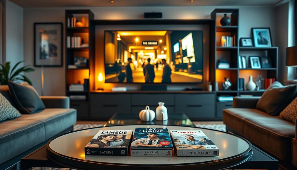A stylish and inviting selection of iconic French films displayed in a cozy, modern living room setting. In the foreground, an elegant coffee table holds a few classic DVDs like "Amélie," "La Haine," and "Les Intouchables." The middle layer features a large screen showcasing a vibrant movie scene, with a soft glow emanating from the screen. The background includes a bookshelf filled with film-related books and decorative items reflecting French cinema, all under warm, ambient lighting. The atmosphere is relaxed and trendy, perfect for a movie night. Use a wide-angle lens to capture the space, giving it a lively yet intimate feel.