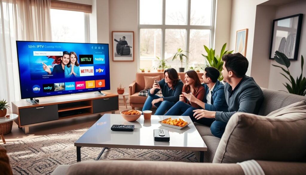 A stylish and modern living room featuring a flat-screen TV displaying a vibrant IPTV interface. In the foreground, a family of four, dressed in smart casual attire, is enjoying a movie night together on a comfortable couch, surrounded by snacks. In the middle, a sleek coffee table showcases a remote control and a few streaming service logos. The background reveals large windows with soft daylight pouring in, creating a cozy atmosphere. The room is decorated with contemporary art and plants, enhancing the feeling of comfort and modernity. Natural lighting creates a warm and inviting mood, while the angle captures the scene from slightly above, offering a comprehensive view of the family engagement with IPTV technology. A stylish and modern living room featuring a flat-screen TV displaying a vibrant IPTV interface. In the foreground, a family of four, dressed in smart casual attire, is enjoying a movie night together on a comfortable couch, surrounded by snacks. In the middle, a sleek coffee table showcases a remote control and a few streaming service logos. The background reveals large windows with soft daylight pouring in, creating a cozy atmosphere. The room is decorated with contemporary art and plants, enhancing the feeling of comfort and modernity. Natural lighting creates a warm and inviting mood, while the angle captures the scene from slightly above, offering a comprehensive view of the family engagement with IPTV technology.