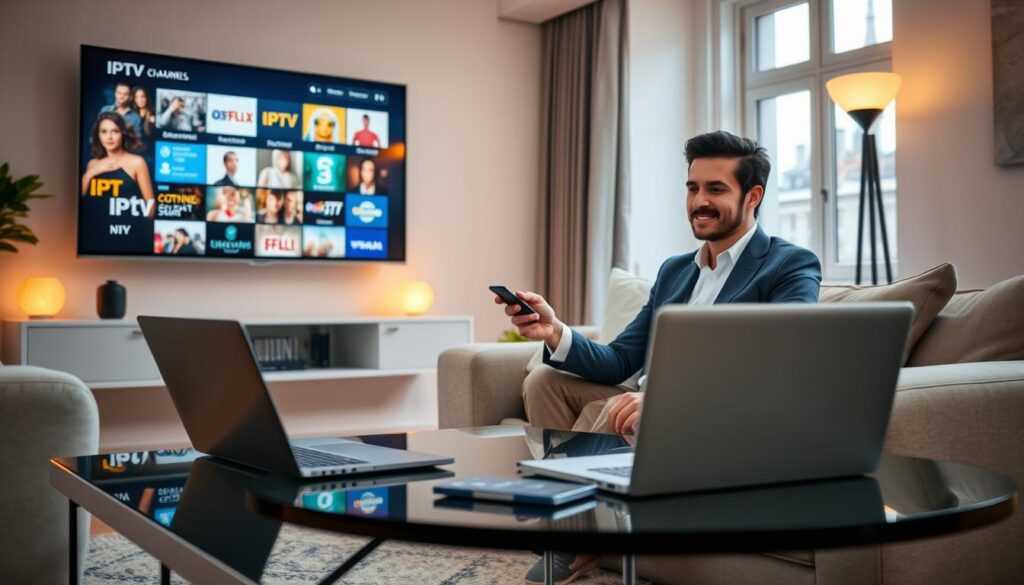 A stylish and modern living room setting, featuring a sleek television displaying various IPTV channels. In the foreground, a professional-looking individual, dressed in smart casual attire, is sitting comfortably on a contemporary sofa, engaged with a remote control in hand. The middle ground showcases a stylish coffee table adorned with a laptop and a secure payment method like a credit card, symbolizing varied and secure payments. The background features soft ambient lighting, with warm tones emanating from floor lamps, creating a cozy atmosphere. Through a window, subtle Parisian architecture can be glimpsed, hinting at the French context. The overall mood is relaxed and reassuring, emphasizing the ease of subscribing to IPTV services. A stylish and modern living room setting, featuring a sleek television displaying various IPTV channels. In the foreground, a professional-looking individual, dressed in smart casual attire, is sitting comfortably on a contemporary sofa, engaged with a remote control in hand. The middle ground showcases a stylish coffee table adorned with a laptop and a secure payment method like a credit card, symbolizing varied and secure payments. The background features soft ambient lighting, with warm tones emanating from floor lamps, creating a cozy atmosphere. Through a window, subtle Parisian architecture can be glimpsed, hinting at the French context. The overall mood is relaxed and reassuring, emphasizing the ease of subscribing to IPTV services.