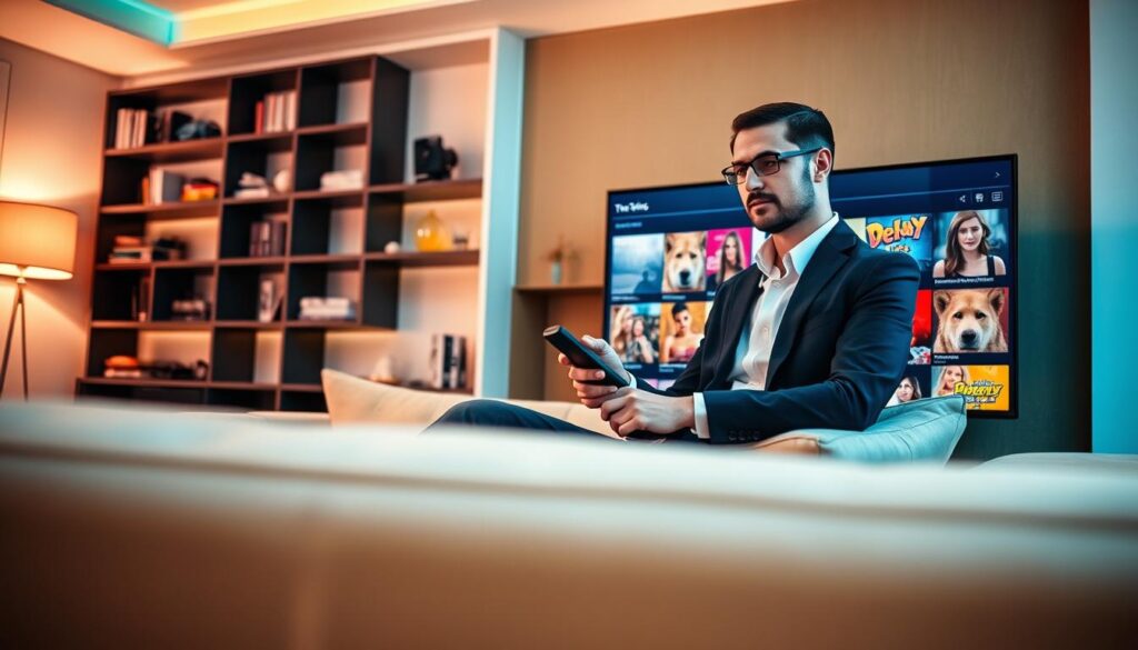 A stylish and modern living room setting serves as the foreground, featuring a sleek television displaying a colorful montage of various IPTV adult content thumbnails. In the middle ground, a confident and professional-looking individual in business attire is seated on a plush sofa, intently browsing content on a remote control. The background showcases a well-decorated room with warm lighting and shelves displaying books and decorative items, creating an inviting atmosphere. The lighting is soft and cozy, reminiscent of an evening at home, adding a cinematic feel. The angle captures both the individual and the television screen, highlighting the diversity of content available in the IPTV adults catalogue, reflecting a gateway to comprehensive entertainment.