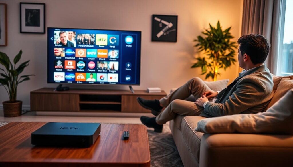 A stylish living room setup featuring a modern flat-screen TV displaying various IPTV channels. In the foreground, a sophisticated coffee table holds a sleek IPTV box and a remote control. On one side, an individual in smart casual attire is seated comfortably on a plush sofa, engrossed in choosing a show, with colorful lights emanating from the TV reflecting a cozy atmosphere. The walls are decorated with minimalist art and a vibrant indoor plant stands in the corner, adding freshness to the scene. Soft, warm lighting fills the room, creating an inviting ambiance. In the background, a window shows dusk light filtering in, enhancing the comfortable and relaxed mood of the space. The image should convey the essence of selecting the best IPTV subscription in France, focusing on comfort and technology. A stylish living room setup featuring a modern flat-screen TV displaying various IPTV channels. In the foreground, a sophisticated coffee table holds a sleek IPTV box and a remote control. On one side, an individual in smart casual attire is seated comfortably on a plush sofa, engrossed in choosing a show, with colorful lights emanating from the TV reflecting a cozy atmosphere. The walls are decorated with minimalist art and a vibrant indoor plant stands in the corner, adding freshness to the scene. Soft, warm lighting fills the room, creating an inviting ambiance. In the background, a window shows dusk light filtering in, enhancing the comfortable and relaxed mood of the space. The image should convey the essence of selecting the best IPTV subscription in France, focusing on comfort and technology.
