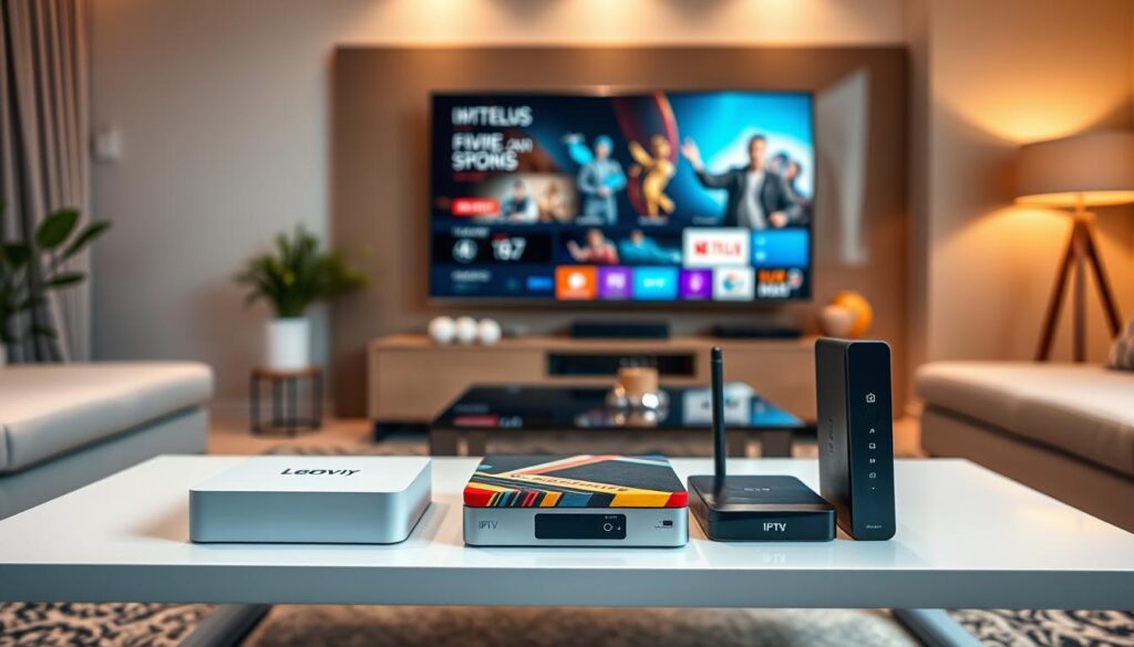 A stylish, modern living room featuring an array of affordable IPTV set-top boxes displayed prominently on a sleek coffee table. The foreground showcases three distinct IPTV boxes with varied designs—one compact and rectangular, another boxy and colorful, and a slim, high-tech looking option. In the middle ground, a contemporary television screen is visible, streaming vibrant content, enhancing the idea of entertainment. The background features soft, ambient lighting that creates a cozy atmosphere, complemented by tasteful decor like a plant and a decorative rug. The scene is captured at eye level, with a warm color palette to evoke a welcoming mood. No people are present, ensuring focus on the IPTV devices. A stylish, modern living room featuring an array of affordable IPTV set-top boxes displayed prominently on a sleek coffee table. The foreground showcases three distinct IPTV boxes with varied designs—one compact and rectangular, another boxy and colorful, and a slim, high-tech looking option. In the middle ground, a contemporary television screen is visible, streaming vibrant content, enhancing the idea of entertainment. The background features soft, ambient lighting that creates a cozy atmosphere, complemented by tasteful decor like a plant and a decorative rug. The scene is captured at eye level, with a warm color palette to evoke a welcoming mood. No people are present, ensuring focus on the IPTV devices.