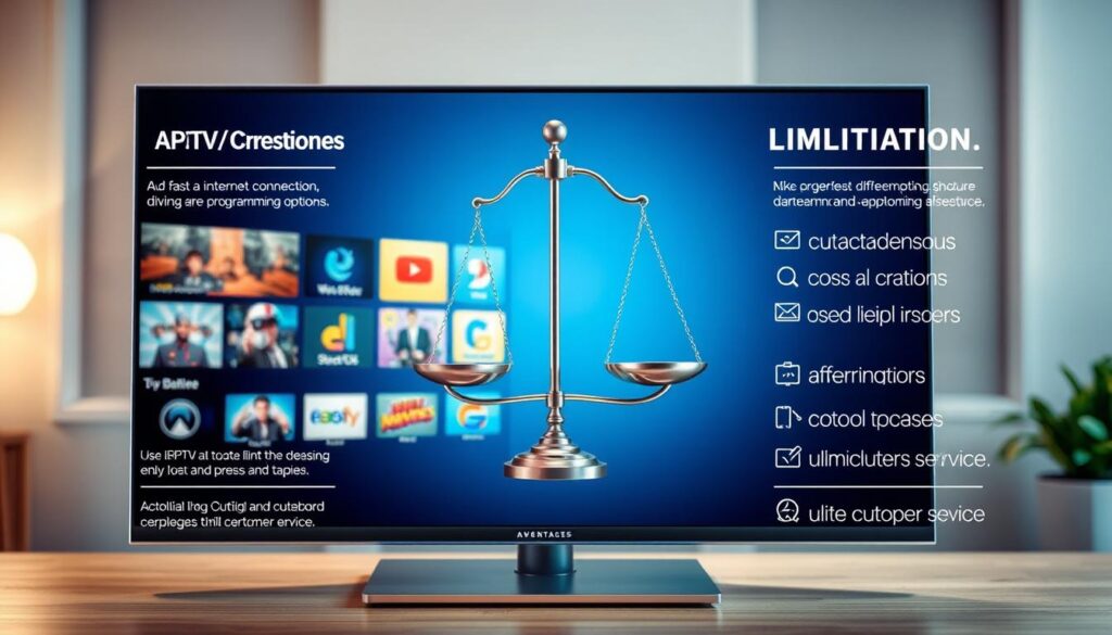 A thoughtfully designed infographic illustrating the advantages and limitations of IPTV subscriptions. In the foreground, show a sleek television screen displaying a variety of streaming icons to represent different content options. In the middle background, include a balanced scale, with one side showcasing positive aspects like a fast internet connection, diverse programming options, and affordability, while the other side highlights limitations such as buffering issues, potential legal concerns, and limited customer service. Use soft, natural lighting to create a warm and inviting atmosphere, with a focus on clarity and professionalism. The overall mood should be informative and engaging, ensuring that the image effectively communicates the subject matter.
