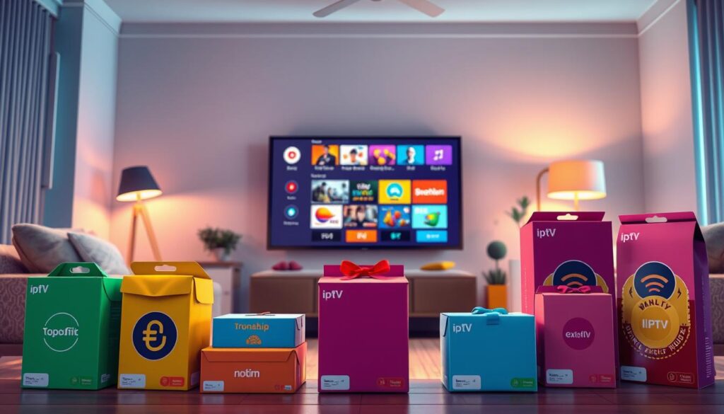 A vibrant and dynamic digital illustration depicting a variety of IPTV OTT service packages tailored for different budgets. In the foreground, showcase an array of colorful boxes or packages labeled with attractive designs, symbolizing affordability and diversity. In the middle ground, position a modern living room setting with a sleek, smart television displaying a user-friendly interface with various streaming options. In the background, include a cozy ambiance with soft, warm lighting creating an inviting atmosphere. Use a wide-angle lens to emphasize the depth of the room, conveying a sense of comfort and accessibility. The overall mood should be upbeat and optimistic, highlighting the ease of selecting the right IPTV OTT service for everyone. Ensure no text or branding is visible. A vibrant and dynamic digital illustration depicting a variety of IPTV OTT service packages tailored for different budgets. In the foreground, showcase an array of colorful boxes or packages labeled with attractive designs, symbolizing affordability and diversity. In the middle ground, position a modern living room setting with a sleek, smart television displaying a user-friendly interface with various streaming options. In the background, include a cozy ambiance with soft, warm lighting creating an inviting atmosphere. Use a wide-angle lens to emphasize the depth of the room, conveying a sense of comfort and accessibility. The overall mood should be upbeat and optimistic, highlighting the ease of selecting the right IPTV OTT service for everyone. Ensure no text or branding is visible.