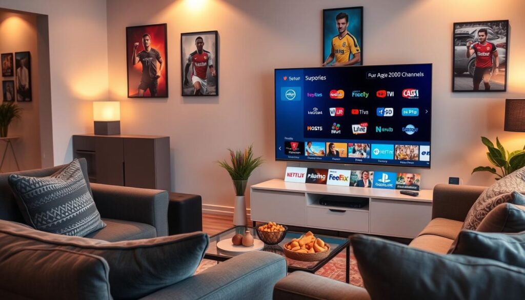 A vibrant and dynamic living room scene showcasing a high-definition television displaying a diverse array of IPTV channels from Tunisia. In the foreground, a sleek modern television with clearly visible streaming options: sports, movies, and a range of over 2000 channels. Comfortable, stylish furniture surrounds the TV, enhancing a cozy atmosphere. Soft, ambient lighting casts a warm glow, creating an inviting mood. In the middle, a coffee table laden with snacks and a remote, indicating an enjoyable viewing experience. In the background, a wall decorated with framed posters of popular sports teams and movie icons, emphasizing variety. The scene captures the essence of entertainment, perfect for family and friends, in a contemporary home setting. A vibrant and dynamic living room scene showcasing a high-definition television displaying a diverse array of IPTV channels from Tunisia. In the foreground, a sleek modern television with clearly visible streaming options: sports, movies, and a range of over 2000 channels. Comfortable, stylish furniture surrounds the TV, enhancing a cozy atmosphere. Soft, ambient lighting casts a warm glow, creating an inviting mood. In the middle, a coffee table laden with snacks and a remote, indicating an enjoyable viewing experience. In the background, a wall decorated with framed posters of popular sports teams and movie icons, emphasizing variety. The scene captures the essence of entertainment, perfect for family and friends, in a contemporary home setting.