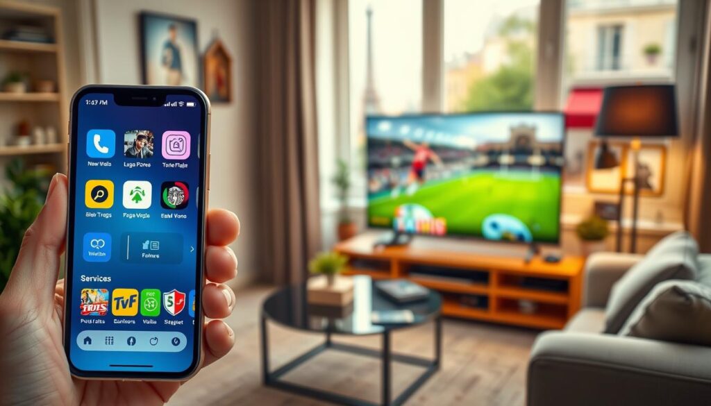 A vibrant and engaging digital collage depicting the concept of IPTV applications in France. In the foreground, showcase a sleek smartphone displaying popular IPTV app interfaces, with vivid icons representing streaming services. In the middle ground, artistically represent a cozy living room setting, featuring a modern flat-screen TV with visible dynamic content, such as a sports game or a movie. The background should include subtle elements of Parisian architecture, like the Eiffel Tower or quaint café facades, to highlight the French context. Use soft, warm lighting to create an inviting atmosphere, with a focus on natural daylight streaming through a window. Capture the essence of modern technology blending with everyday life, giving an overall cheerful and informative tone.