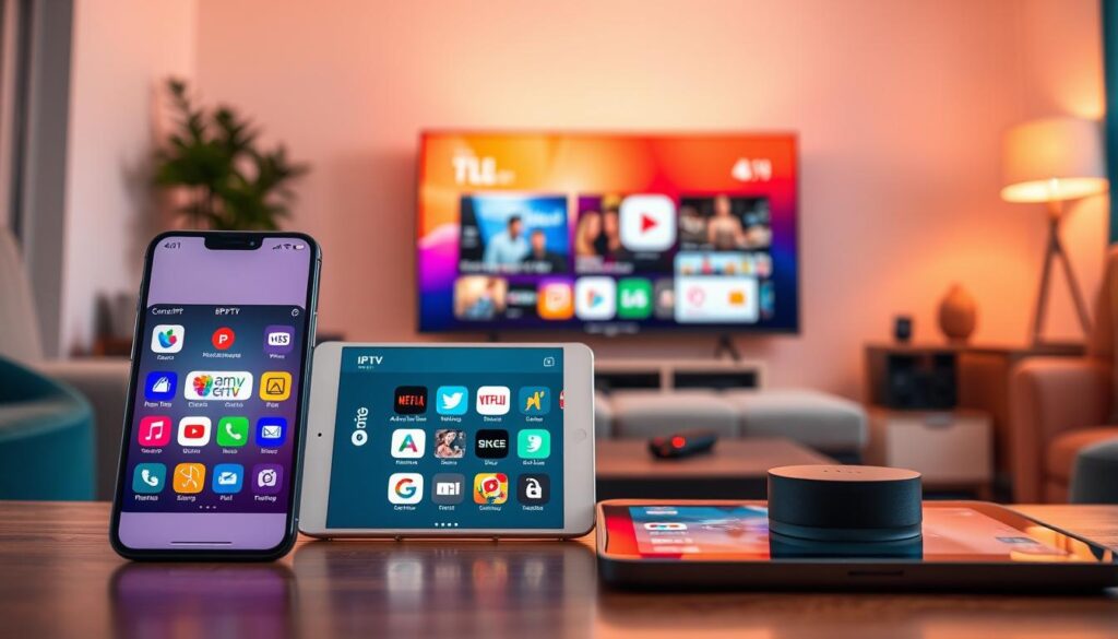 A vibrant and engaging digital composition showcasing essential IPTV applications for an optimal viewing experience. In the foreground, a sleek modern smartphone and a tablet display the icons of popular IPTV apps, glowing softly. The middle layer features a cozy living room environment with a stylish sofa and a large TV screen showing a colorful streaming interface. In the background, warm ambient lighting creates an inviting atmosphere, with subtle hints of technology like a streaming device and smart speaker. The overall mood is relaxed and tech-savvy, appealing to modern viewers. The scene is captured from a slightly elevated angle to emphasize the devices and the cozy setting, with a focus on clarity and detail, inviting viewers to explore IPTV possibilities.