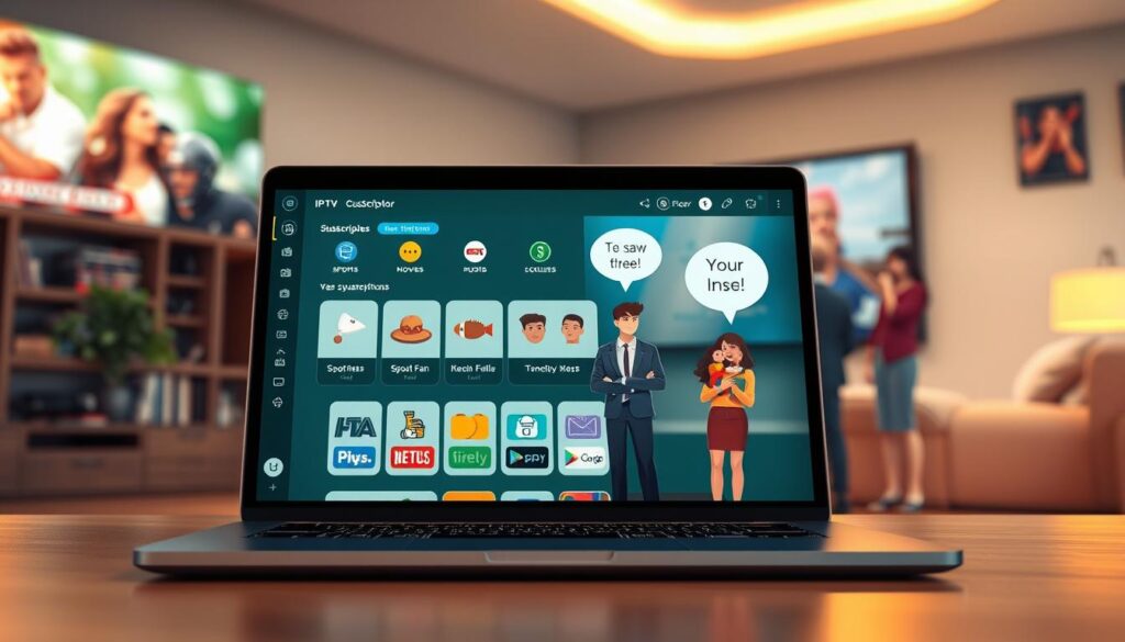 A vibrant and engaging digital illustration depicting a variety of IPTV subscription options tailored to different user profiles. In the foreground, showcase a sleek laptop open to a user-friendly IPTV interface, surrounded by icons representing diverse genres like sports, movies, and kids' programming. In the middle ground, feature an array of customer avatars, including a family, a sports fan, and a young couple, each pondering the best subscription for their needs, depicted in professional business attire. In the background, include a subtle display of a cozy living room setting with a large screen showing streaming content. Soft, warm lighting creates an inviting atmosphere, focusing on the interaction between the characters and the technology. Use a balanced perspective that draws attention to both the avatars and the IPTV interface, emphasizing choice and personalization. A vibrant and engaging digital illustration depicting a variety of IPTV subscription options tailored to different user profiles. In the foreground, showcase a sleek laptop open to a user-friendly IPTV interface, surrounded by icons representing diverse genres like sports, movies, and kids' programming. In the middle ground, feature an array of customer avatars, including a family, a sports fan, and a young couple, each pondering the best subscription for their needs, depicted in professional business attire. In the background, include a subtle display of a cozy living room setting with a large screen showing streaming content. Soft, warm lighting creates an inviting atmosphere, focusing on the interaction between the characters and the technology. Use a balanced perspective that draws attention to both the avatars and the IPTV interface, emphasizing choice and personalization.