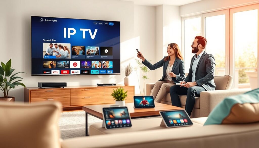A vibrant and engaging illustration showcasing the benefits of IPTV, with a modern living room setting in the foreground. Feature a diverse group of three professionals in smart casual attire, excitedly discussing IPTV on a sleek television, showcasing various streaming options on the screen. In the middle ground, include a stylish coffee table with digital devices like tablets and smartphones displaying streaming apps, emphasizing user-friendly access. The background should depict a bright, airy home environment with natural light streaming through large windows, creating a welcoming atmosphere. Use a slight depth of field to focus on the group while softly blurring the background for a professional, polished look. The mood should be upbeat and informative, reflecting enthusiasm for IPTV technology and its advantages.