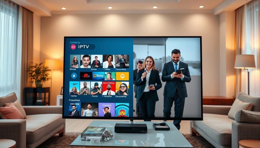A vibrant and informative composition showcasing various types of IPTV content available in France. In the foreground, include a sleek digital screen displaying a selection of IPTV options, such as movies, series, sports, and documentaries, arranged in an appealing grid format. The middle layer features people, dressed in professional business attire, engaging with digital devices, displaying expressions of interest and excitement. The background should depict a cozy living room setting with modern furniture and soft, inviting lighting that creates a warm atmosphere. Use a wide-angle lens to capture the depth of the scene, emphasizing the connection between users and the diverse content they can access. Aim for a lively yet relaxed mood that reflects the accessibility and variety of IPTV offerings. A vibrant and informative composition showcasing various types of IPTV content available in France. In the foreground, include a sleek digital screen displaying a selection of IPTV options, such as movies, series, sports, and documentaries, arranged in an appealing grid format. The middle layer features people, dressed in professional business attire, engaging with digital devices, displaying expressions of interest and excitement. The background should depict a cozy living room setting with modern furniture and soft, inviting lighting that creates a warm atmosphere. Use a wide-angle lens to capture the depth of the scene, emphasizing the connection between users and the diverse content they can access. Aim for a lively yet relaxed mood that reflects the accessibility and variety of IPTV offerings.