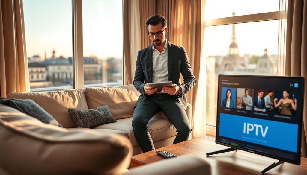 A vibrant and informative scene illustrating Solutions IPTV in France. In the foreground, a modern living room with a comfortable sofa, a sleek TV displaying a logo of an IPTV service, and a remote control on a wooden coffee table. In the middle, a stylish Frenchman in professional attire, casually browsing IPTV options on a tablet, with a thoughtful expression. The background features a window with a view of Parisian landmarks, softly lit by warm afternoon sunlight filtering through sheer curtains. The atmosphere is cozy and tech-savvy, evoking a sense of modern lifestyle and accessibility to entertainment. The lens angle is slightly elevated, highlighting the interaction with technology and the inviting space. A vibrant and informative scene illustrating Solutions IPTV in France. In the foreground, a modern living room with a comfortable sofa, a sleek TV displaying a logo of an IPTV service, and a remote control on a wooden coffee table. In the middle, a stylish Frenchman in professional attire, casually browsing IPTV options on a tablet, with a thoughtful expression. The background features a window with a view of Parisian landmarks, softly lit by warm afternoon sunlight filtering through sheer curtains. The atmosphere is cozy and tech-savvy, evoking a sense of modern lifestyle and accessibility to entertainment. The lens angle is slightly elevated, highlighting the interaction with technology and the inviting space.