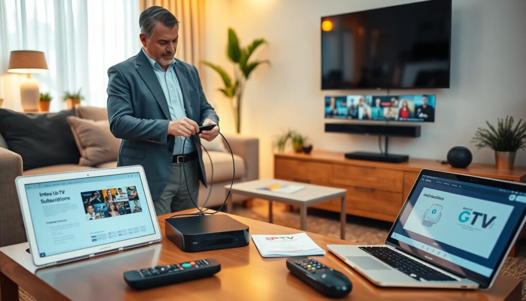 A vibrant and informative scene showcasing the installation of an IPTV subscription. In the foreground, a professional, middle-aged man wearing smart casual clothing stands beside a modern flat-screen TV, intently connecting cables and setting up a streaming device. His focused expression suggests he is guiding viewers through a step-by-step process. The middle ground features a sleek coffee table with various electronic components—remote controls, a user manual, and a laptop displaying setup instructions. The background is a cozy living room with warm, inviting lighting, featuring a comfortable couch and decorative plants. The atmosphere is engaging and instructional, emphasizing a sense of ease and reliability for viewers setting up their IPTV service. The image is captured at eye level, showcasing a clear and organized installation process. A vibrant and informative scene showcasing the installation of an IPTV subscription. In the foreground, a professional, middle-aged man wearing smart casual clothing stands beside a modern flat-screen TV, intently connecting cables and setting up a streaming device. His focused expression suggests he is guiding viewers through a step-by-step process. The middle ground features a sleek coffee table with various electronic components—remote controls, a user manual, and a laptop displaying setup instructions. The background is a cozy living room with warm, inviting lighting, featuring a comfortable couch and decorative plants. The atmosphere is engaging and instructional, emphasizing a sense of ease and reliability for viewers setting up their IPTV service. The image is captured at eye level, showcasing a clear and organized installation process.