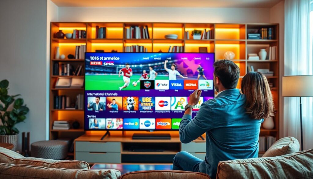 A vibrant and inviting living room filled with modern technology, showcasing a large flat-screen TV streaming various high-quality IPTV channels. In the foreground, a professional-looking couple, dressed in smart casual attire, enjoys watching a sports game, radiating excitement. In the middle, the TV displays a colorful interface highlighting diverse content options like movies, series, and international channels, emphasizing the broad selection of an IPTV Premium subscription. The background features a stylish bookshelf filled with books and decorative items, bathed in warm, soft lighting, creating a cozy atmosphere. The scene captures the feeling of convenience, enjoyment, and the advantage of accessing premium content from anywhere, with a focus on premium streaming technology. A vibrant and inviting living room filled with modern technology, showcasing a large flat-screen TV streaming various high-quality IPTV channels. In the foreground, a professional-looking couple, dressed in smart casual attire, enjoys watching a sports game, radiating excitement. In the middle, the TV displays a colorful interface highlighting diverse content options like movies, series, and international channels, emphasizing the broad selection of an IPTV Premium subscription. The background features a stylish bookshelf filled with books and decorative items, bathed in warm, soft lighting, creating a cozy atmosphere. The scene captures the feeling of convenience, enjoyment, and the advantage of accessing premium content from anywhere, with a focus on premium streaming technology.