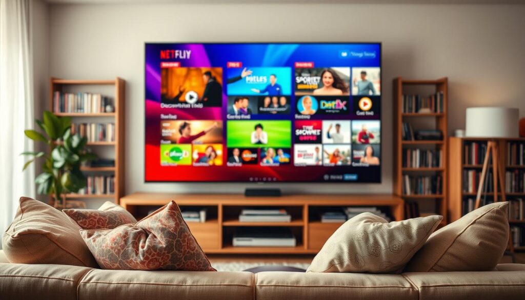 A vibrant and inviting living room scene showcasing a modern, large-screen television displaying a colorful array of TV channels and streaming content. In the foreground, a cozy sofa with decorative cushions invites viewers to relax. The middle layer features the television screen, with dynamic visuals showing snippets of various programs such as dramas, documentaries, sports, and children’s shows, all in vivid colors. In the background, a bookshelf filled with DVDs and books creates a homey atmosphere. Soft, warm lighting enhances the inviting mood, and the camera angle is slightly tilted upward, emphasizing the engaging content on the screen. The overall scene radiates comfort and excitement, perfect for illustrating a wide selection of available channels and contents.