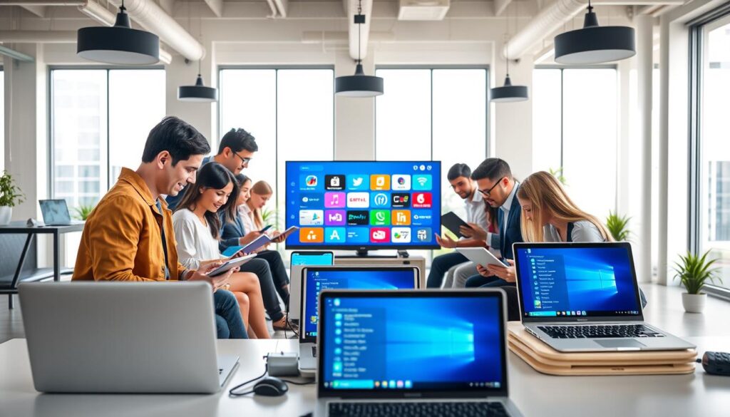 A vibrant and modern digital workspace showcasing an array of popular IPTV applications on sleek laptops and tablets. In the foreground, a diverse group of individuals, dressed in smart casual attire, are eagerly interacting with their devices, depicting a sense of collaboration and enthusiasm. The middle ground features a large screen displaying colorful icons of top IPTV apps, creating an engaging focal point. In the background, a stylish office environment with large windows allows natural light to illuminate the scene, enhancing the lively atmosphere. Soft shadows create depth, while the overall mood conveys a sense of innovation and excitement, perfect for exploring the best IPTV solutions available.