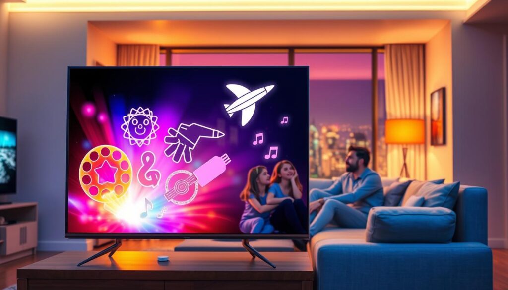 A vibrant digital artwork representing the dominant genres of IPTV in 2025. In the foreground, a sleek modern TV screen displays symbols of various genres, such as a dramatic film reel, a fun animated character, a captivating sci-fi spaceship, and a musical note, each glowing brightly. In the middle ground, a cozy living room setting shows a family gathered, dressed in casual yet stylish clothing, enjoying their viewing experience. Soft ambient lighting bathes the scene, creating a warm, inviting atmosphere. In the background, a futuristic city skyline can be glimpsed through the window, hinting at a tech-savvy world. The image conveys excitement and variety, highlighting the rich entertainment landscape on IPTV. The angle is slightly elevated, adding depth and engagement to the composition.
