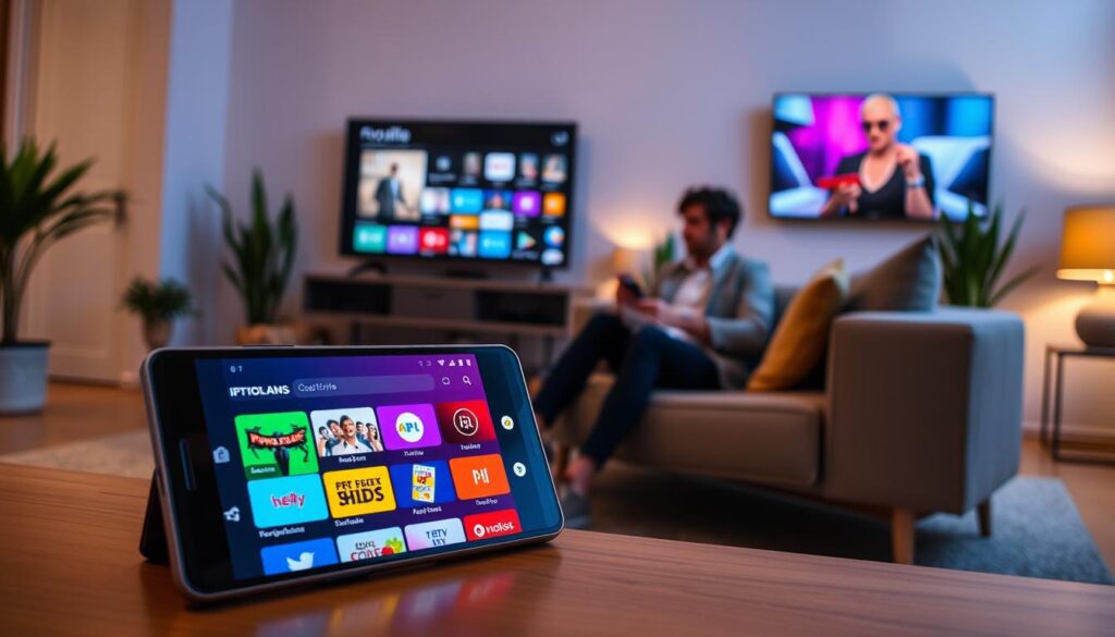 A vibrant digital scene showcasing the best IPTV applications in France set in a modern living room. In the foreground, a sleek Android device with a glowing screen displays a colorful interface of popular IPTV apps, with icons for shows and movies prominently featured. The middle ground features a comfortable sofa with a person in professional casual attire engrossed in watching content, holding a remote. The background presents a stylish, contemporary room with soft lighting, plants, and a TV mounted on the wall displaying a vibrant streaming menu. The atmosphere is inviting and tech-savvy, emphasizing convenience and entertainment, with a warm color palette that creates a cozy environment. A cinematic angle captures the essence of modern viewing experiences. A vibrant digital scene showcasing the best IPTV applications in France set in a modern living room. In the foreground, a sleek Android device with a glowing screen displays a colorful interface of popular IPTV apps, with icons for shows and movies prominently featured. The middle ground features a comfortable sofa with a person in professional casual attire engrossed in watching content, holding a remote. The background presents a stylish, contemporary room with soft lighting, plants, and a TV mounted on the wall displaying a vibrant streaming menu. The atmosphere is inviting and tech-savvy, emphasizing convenience and entertainment, with a warm color palette that creates a cozy environment. A cinematic angle captures the essence of modern viewing experiences.