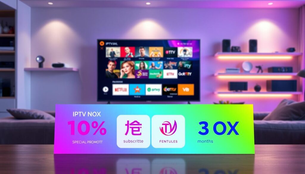 A vibrant digital workspace showcasing IPTV PRO Nox promotional offers, featuring a sleek modern television displaying colorful streaming options. In the foreground, an elegantly designed banner with eye-catching visuals of special promotions, featuring icons for discounts and features, like “40% off” and “3-month subscription”. The middle ground shows a stylish living room setting with soft ambient lighting that gives a cozy feel, emphasizing the comfort of watching television at home. The background includes shelves adorned with technology and entertainment-related items, creating an inviting atmosphere. The overall mood is upbeat and encouraging, inviting viewers to explore the IPTV offers, captured with a wide-angle lens to enhance depth.