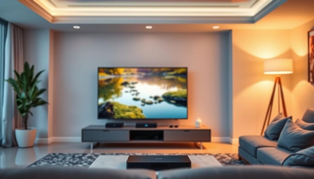 A vibrant, high-tech visualization of fluid streaming and optimal video resolution. In the foreground, a modern living room with a large ultra-HD television displaying stunning visuals of a serene nature scene, with crisp colors and fine details. The middle ground features a sleek entertainment console with streaming devices, highlighting connectivity and advanced technology. In the background, a softly lit ambiance with dimmable LED lights showcasing a cozy atmosphere, creating a relaxing viewing environment. The overall tone should be inviting and sophisticated, symbolizing effortless streaming and clarity in viewing experiences. Soft focus effects enhance the feeling of high-quality video, while a warm color palette adds to the comfortable mood. A vibrant, high-tech visualization of fluid streaming and optimal video resolution. In the foreground, a modern living room with a large ultra-HD television displaying stunning visuals of a serene nature scene, with crisp colors and fine details. The middle ground features a sleek entertainment console with streaming devices, highlighting connectivity and advanced technology. In the background, a softly lit ambiance with dimmable LED lights showcasing a cozy atmosphere, creating a relaxing viewing environment. The overall tone should be inviting and sophisticated, symbolizing effortless streaming and clarity in viewing experiences. Soft focus effects enhance the feeling of high-quality video, while a warm color palette adds to the comfortable mood.