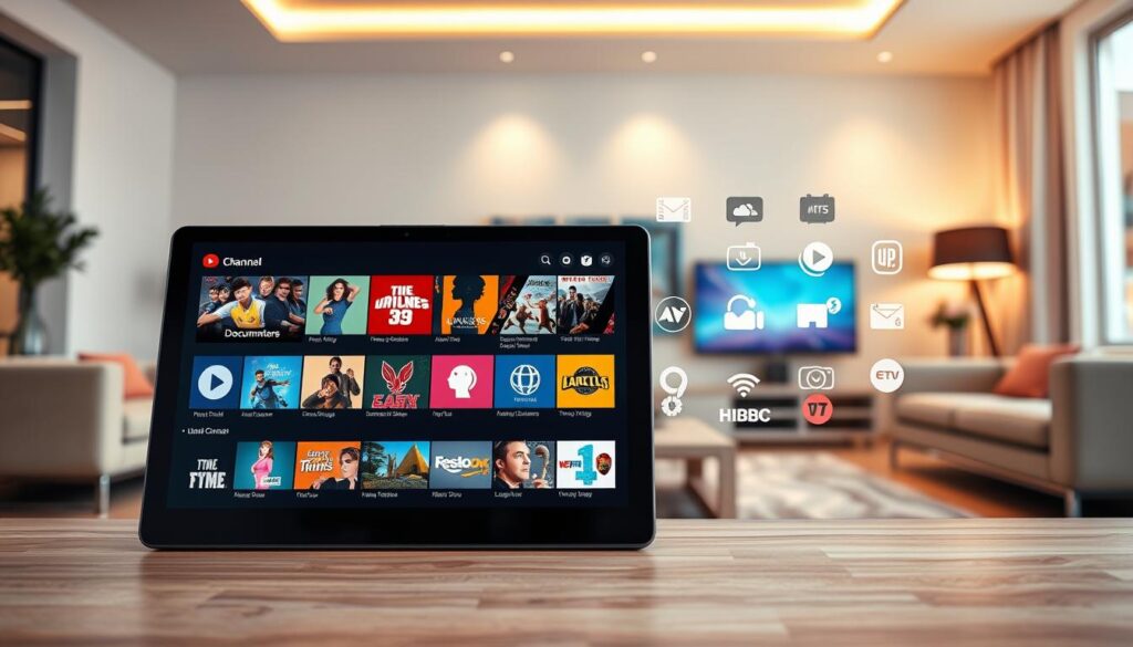 A visual representation of a vibrant IPTV channel catalog showcasing diverse content. In the foreground, display a sleek digital device, like a tablet or TV screen, featuring an interactive interface with colorful thumbnails of various channels: movies, documentaries, sports, and cartoons. The middle ground features stylish symbols and icons representing different genres of available content, creating a sense of abundance. The background should depict an abstract, modern living room setting illuminated by soft, warm lighting, enhancing the inviting atmosphere. Use a wide-angle lens perspective to capture the entire scene, conveying a feeling of exploration and excitement about the variety of IPTV channels available. The mood should be engaging and informative, enticing viewers to discover the vast array of options. A visual representation of a vibrant IPTV channel catalog showcasing diverse content. In the foreground, display a sleek digital device, like a tablet or TV screen, featuring an interactive interface with colorful thumbnails of various channels: movies, documentaries, sports, and cartoons. The middle ground features stylish symbols and icons representing different genres of available content, creating a sense of abundance. The background should depict an abstract, modern living room setting illuminated by soft, warm lighting, enhancing the inviting atmosphere. Use a wide-angle lens perspective to capture the entire scene, conveying a feeling of exploration and excitement about the variety of IPTV channels available. The mood should be engaging and informative, enticing viewers to discover the vast array of options.