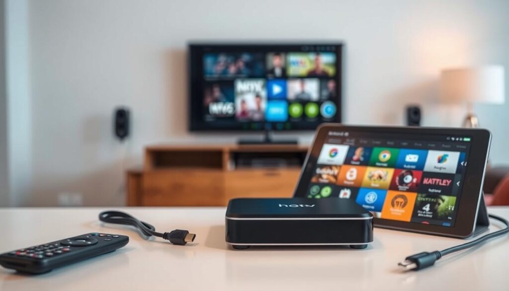 A visually appealing and informative scene illustrating essential criteria for choosing an Android IPTV box. In the foreground, a sleek, modern Android IPTV box sits prominently on a clean, minimalist desk. Surrounding it are essential items like a remote control, an HDMI cable, and a user-friendly tablet displaying streaming options. In the middle ground, a light source shines softly on the IPTV box, highlighting its elegant design. In the background, a blurred living room setting suggests a cozy environment with a TV mounted on a wall, creating an inviting atmosphere. The lighting is warm and ambient, evoking a sense of comfort and technology. The mood is professional yet approachable, making it ideal for readers. A visually appealing and informative scene illustrating essential criteria for choosing an Android IPTV box. In the foreground, a sleek, modern Android IPTV box sits prominently on a clean, minimalist desk. Surrounding it are essential items like a remote control, an HDMI cable, and a user-friendly tablet displaying streaming options. In the middle ground, a light source shines softly on the IPTV box, highlighting its elegant design. In the background, a blurred living room setting suggests a cozy environment with a TV mounted on a wall, creating an inviting atmosphere. The lighting is warm and ambient, evoking a sense of comfort and technology. The mood is professional yet approachable, making it ideal for readers.