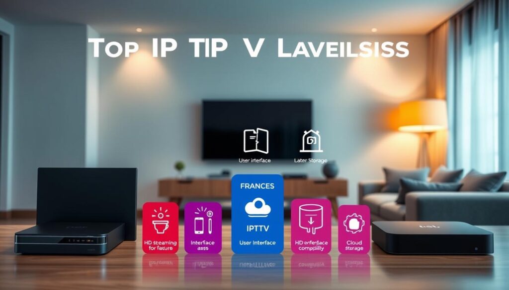 A visually appealing comparison chart of the top IPTV players for France, displayed prominently in the foreground. The chart features sleek, modern designs of various digital streaming devices, each labeled with their names and key features. In the middle ground, include vibrant technology-themed icons representing user interface and features like HD streaming, interface compatibility, and cloud storage. The background showcases a stylish living room setting with a large TV mounted on the wall, softly illuminated by warm ambient lighting, creating a cozy and inviting atmosphere. The overall tone is professional and informative, suitable for an article about technology. Use a slightly elevated angle, focusing on clarity and detail while avoiding any text or watermarks in the image. A visually appealing comparison chart of the top IPTV players for France, displayed prominently in the foreground. The chart features sleek, modern designs of various digital streaming devices, each labeled with their names and key features. In the middle ground, include vibrant technology-themed icons representing user interface and features like HD streaming, interface compatibility, and cloud storage. The background showcases a stylish living room setting with a large TV mounted on the wall, softly illuminated by warm ambient lighting, creating a cozy and inviting atmosphere. The overall tone is professional and informative, suitable for an article about technology. Use a slightly elevated angle, focusing on clarity and detail while avoiding any text or watermarks in the image.