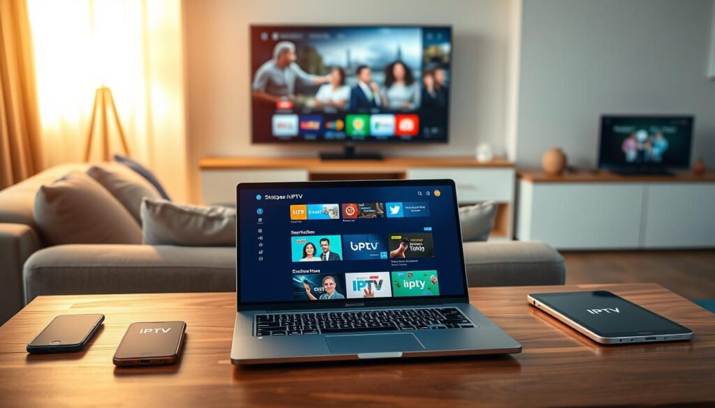 A visually appealing desktop setup dedicated to IPTV subscriptions, set in a modern living room environment. In the foreground, a sleek laptop open on a stylish wooden table, displaying a vibrant interface showcasing different IPTV subscription options. On the side, a smartphone and a digital tablet, both featuring IPTV logos, hinting at advanced technology. The middle ground includes a comfortable sofa with plush cushions, with a contemporary TV unit in the background showcasing a large flat-screen TV streaming content. Warm, inviting lighting brightens the scene, enhancing a productive yet relaxed atmosphere. The composition invites viewers into a contemporary lifestyle, focusing on reliability and performance of IPTV services in 2026, with a subtle color palette that suggests innovation and sophistication.