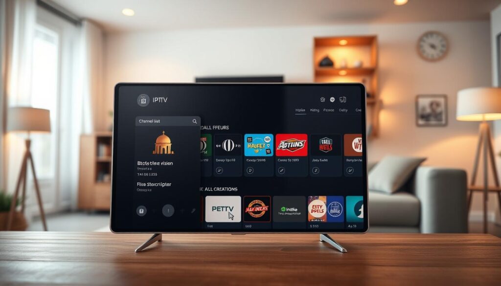 A visually appealing digital illustration showcasing a selection of IPTV subscription plans in France. In the foreground, display a sleek tablet or smart TV screen featuring a user-friendly interface, highlighting key features such as channel lists, pricing, and subscription durations. The middle layer includes an assortment of symbols representing value, such as currency signs and check marks, conveying quality and affordability. In the background, create a cozy living room setting, bathed in warm lighting, with a comfortable couch and decorative elements like a stylish lamp and bookcases. Emphasize a mood of satisfaction and ease, suggesting a great viewing experience. Use a soft focus effect to enhance warmth and comfort throughout the image. A visually appealing digital illustration showcasing a selection of IPTV subscription plans in France. In the foreground, display a sleek tablet or smart TV screen featuring a user-friendly interface, highlighting key features such as channel lists, pricing, and subscription durations. The middle layer includes an assortment of symbols representing value, such as currency signs and check marks, conveying quality and affordability. In the background, create a cozy living room setting, bathed in warm lighting, with a comfortable couch and decorative elements like a stylish lamp and bookcases. Emphasize a mood of satisfaction and ease, suggesting a great viewing experience. Use a soft focus effect to enhance warmth and comfort throughout the image.