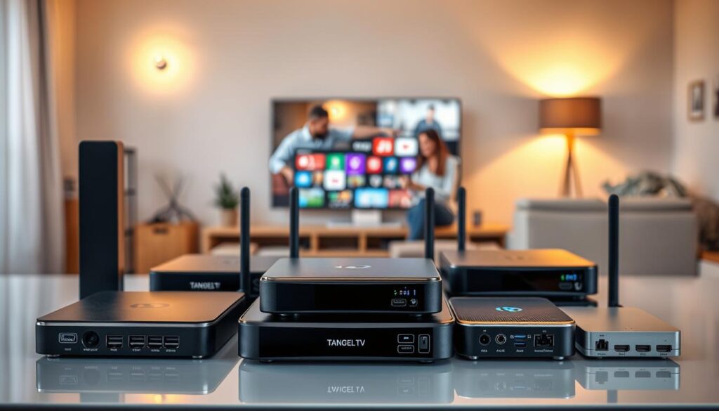 A visually appealing display of various Android IPTV boxes arranged on a sleek, modern table. In the foreground, feature close-up shots of different models showcasing their unique designs and connectivity ports, with a subtle glow highlighting their user interface. The middle background should depict a family enjoying content on a smart TV, demonstrating compatibility with various IPTV applications, while casually interacting with the boxes. The background should be a cozy living room setting, illuminated by warm ambient lighting, creating a welcoming atmosphere. Use a shallow depth of field to focus on the IPTV boxes in the front, with soft bokeh effects in the background. The overall mood should be engaging and informative, emphasizing the versatility and modernity of Android IPTV solutions without any text or logos. A visually appealing display of various Android IPTV boxes arranged on a sleek, modern table. In the foreground, feature close-up shots of different models showcasing their unique designs and connectivity ports, with a subtle glow highlighting their user interface. The middle background should depict a family enjoying content on a smart TV, demonstrating compatibility with various IPTV applications, while casually interacting with the boxes. The background should be a cozy living room setting, illuminated by warm ambient lighting, creating a welcoming atmosphere. Use a shallow depth of field to focus on the IPTV boxes in the front, with soft bokeh effects in the background. The overall mood should be engaging and informative, emphasizing the versatility and modernity of Android IPTV solutions without any text or logos.