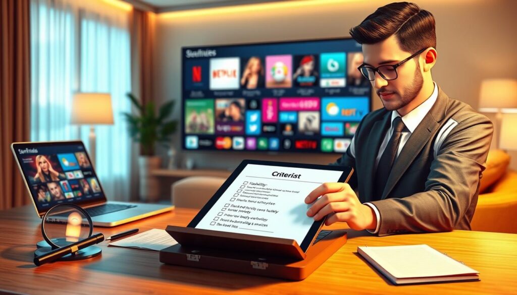 A visually captivating digital illustration representing the criteria for selecting a reliable IPTV service. In the foreground, highlight a professional-looking person in smart business attire, thoughtfully reviewing a checklist on a tablet. The middle ground should feature a table with essential elements like a magnifying glass, a notepad with criteria listed (stability, price, channel variety, user reviews), and a laptop displaying IPTV services. The background should softly depict a cozy living room with a large TV screen showcasing streaming icons. Use warm, inviting lighting with a focus on the tablet to create an engaging atmosphere. The scene should convey a sense of professionalism and trustworthiness, suggesting a well-informed decision-making process. A visually captivating digital illustration representing the criteria for selecting a reliable IPTV service. In the foreground, highlight a professional-looking person in smart business attire, thoughtfully reviewing a checklist on a tablet. The middle ground should feature a table with essential elements like a magnifying glass, a notepad with criteria listed (stability, price, channel variety, user reviews), and a laptop displaying IPTV services. The background should softly depict a cozy living room with a large TV screen showcasing streaming icons. Use warm, inviting lighting with a focus on the tablet to create an engaging atmosphere. The scene should convey a sense of professionalism and trustworthiness, suggesting a well-informed decision-making process.