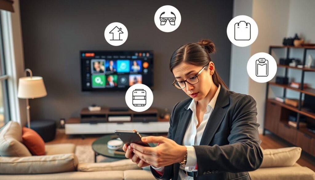 A visually engaging and educational scene illustrating common mistakes to avoid when choosing an IPTV subscription. In the foreground, a professional-looking person in business attire is analyzing a digital device, displaying confused expressions while surrounded by floating icons representing pitfalls like poor quality, hidden fees, and limited content. The middle layer features a sleek modern living room with a large screen displaying IPTV options. In the background, a cozy sofa and shelves with tech gadgets create a homey atmosphere. Soft, warm lighting highlights the details, while a medium-angle viewpoint focuses on the person and their interaction with the device, conveying a sense of inquiry and caution. Overall, the image should evoke a mood of awareness and education regarding IPTV choices. A visually engaging and educational scene illustrating common mistakes to avoid when choosing an IPTV subscription. In the foreground, a professional-looking person in business attire is analyzing a digital device, displaying confused expressions while surrounded by floating icons representing pitfalls like poor quality, hidden fees, and limited content. The middle layer features a sleek modern living room with a large screen displaying IPTV options. In the background, a cozy sofa and shelves with tech gadgets create a homey atmosphere. Soft, warm lighting highlights the details, while a medium-angle viewpoint focuses on the person and their interaction with the device, conveying a sense of inquiry and caution. Overall, the image should evoke a mood of awareness and education regarding IPTV choices.