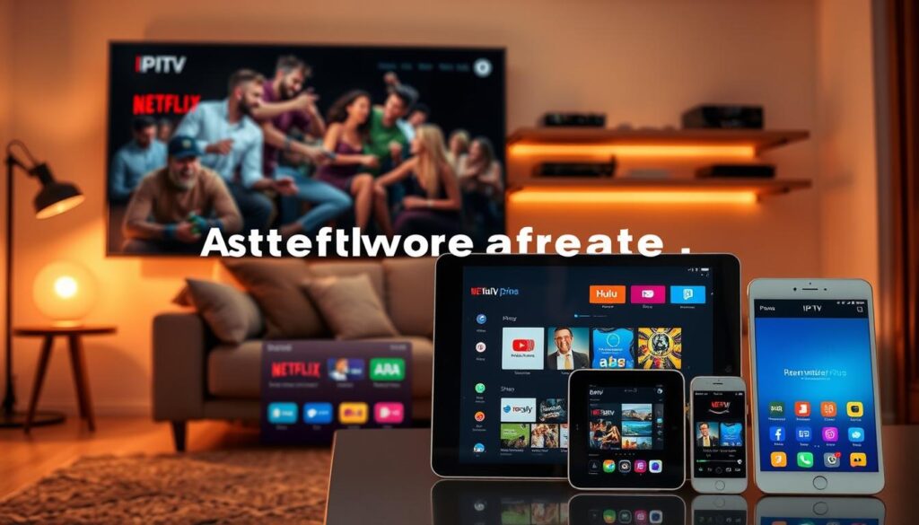 A visually engaging collage depicting various alternatives to IPTV Smarters Pro, foreground featuring a sleek TV screen displaying streaming applications like Netflix, Hulu, and Amazon Prime, while modern devices such as tablets and smartphones show user-friendly interfaces of IPTV apps. In the middle ground, a comfortable living room setting with a stylish couch and warm ambient lighting invites relaxation and entertainment. The background features a shelf with streaming equipment, emphasizing a tech-savvy atmosphere. Soft, diffused lighting creates a cozy yet dynamic mood, encouraging viewers to explore the world of IPTV streaming alternatives. The angle captures the scene in a slightly elevated perspective, showcasing both the devices and the inviting room aesthetic. A visually engaging collage depicting various alternatives to IPTV Smarters Pro, foreground featuring a sleek TV screen displaying streaming applications like Netflix, Hulu, and Amazon Prime, while modern devices such as tablets and smartphones show user-friendly interfaces of IPTV apps. In the middle ground, a comfortable living room setting with a stylish couch and warm ambient lighting invites relaxation and entertainment. The background features a shelf with streaming equipment, emphasizing a tech-savvy atmosphere. Soft, diffused lighting creates a cozy yet dynamic mood, encouraging viewers to explore the world of IPTV streaming alternatives. The angle captures the scene in a slightly elevated perspective, showcasing both the devices and the inviting room aesthetic.
