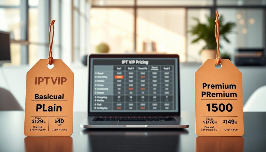 A visually engaging comparison of IPTV VIP pricing displays three distinct service plans. In the foreground, prominently feature three elegant, labeled price tags: "Basic Plan," "Standard Plan," and "Premium Plan," each with unique icons representing features like streaming quality and device compatibility. In the middle ground, include a sleek laptop with an interactive chart illustrating the cost-to-value ratios of each plan. The background should be a modern, professional office setting, with soft natural lighting highlighting the devices and plans. Aim for a clean, organized layout that evokes a sense of clarity and professionalism, conveying an atmosphere of informed decision-making and value assessment. The image should be vibrant and inviting, focusing solely on the comparative aspects of IPTV pricing. A visually engaging comparison of IPTV VIP pricing displays three distinct service plans. In the foreground, prominently feature three elegant, labeled price tags: "Basic Plan," "Standard Plan," and "Premium Plan," each with unique icons representing features like streaming quality and device compatibility. In the middle ground, include a sleek laptop with an interactive chart illustrating the cost-to-value ratios of each plan. The background should be a modern, professional office setting, with soft natural lighting highlighting the devices and plans. Aim for a clean, organized layout that evokes a sense of clarity and professionalism, conveying an atmosphere of informed decision-making and value assessment. The image should be vibrant and inviting, focusing solely on the comparative aspects of IPTV pricing.