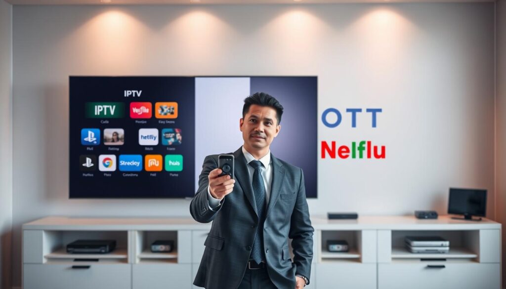A visually engaging comparison of IPTV and OTT technologies, set in a sleek, modern office environment. In the foreground, a stylish TV screen displays a split interface showcasing IPTV on one side with classical cable icons, and OTT on the other featuring popular streaming service logos like Netflix and Hulu. In the middle, a professional individual in smart business attire is holding a remote control in one hand, exploring both options, their expression curious and thoughtful. The background features a minimalistic desk with tech gadgets and ambient lighting that casts a warm glow over the scene. The overall mood is informative yet inviting, designed to illustrate the differences clearly and visually attract viewers’ attention.
