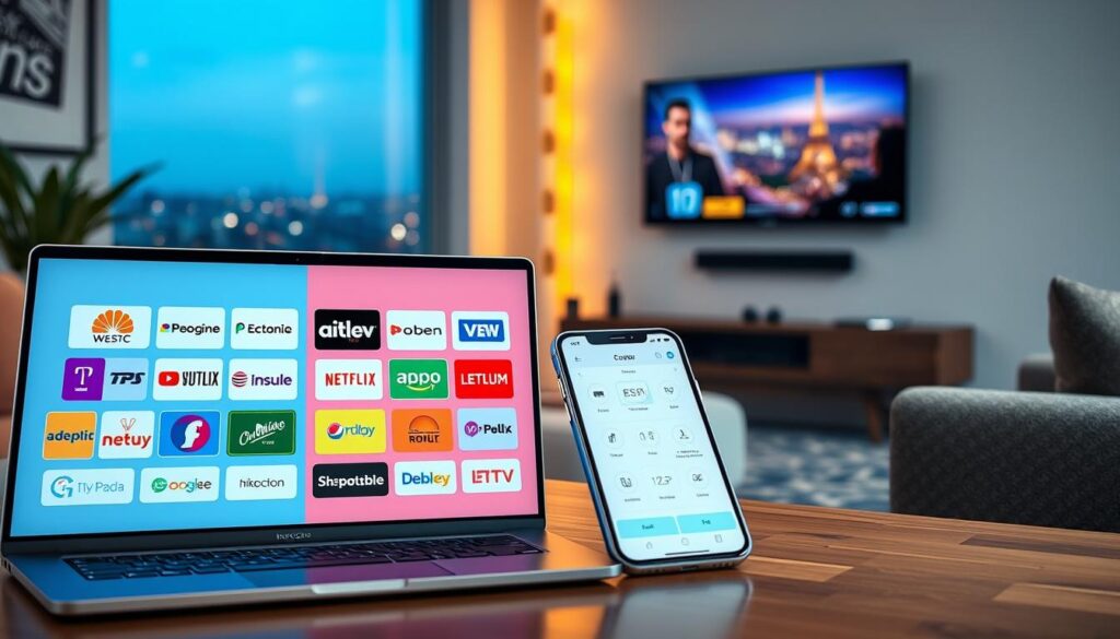 A visually engaging comparison of IPTV offers in France, featuring a sleek, modern digital interface displaying various IPTV service logos and features side by side. In the foreground, a laptop sits open, showing vibrant icons of popular French IPTV services, while a smartphone displays a user-friendly app interface. The middle layer showcases a stylish living room setting with a cozy sofa and a large flat-screen TV mounted on the wall, depicting various TV channels streaming. In the background, a subtly blurred city skyline of Paris can be seen, illuminated by soft evening lights, conveying a warm and inviting atmosphere. The lighting is bright yet soft, highlighting the technology while creating a friendly atmosphere. The overall mood should be professional and informative, perfect for an article about choosing the best IPTV options in France. A visually engaging comparison of IPTV offers in France, featuring a sleek, modern digital interface displaying various IPTV service logos and features side by side. In the foreground, a laptop sits open, showing vibrant icons of popular French IPTV services, while a smartphone displays a user-friendly app interface. The middle layer showcases a stylish living room setting with a cozy sofa and a large flat-screen TV mounted on the wall, depicting various TV channels streaming. In the background, a subtly blurred city skyline of Paris can be seen, illuminated by soft evening lights, conveying a warm and inviting atmosphere. The lighting is bright yet soft, highlighting the technology while creating a friendly atmosphere. The overall mood should be professional and informative, perfect for an article about choosing the best IPTV options in France.