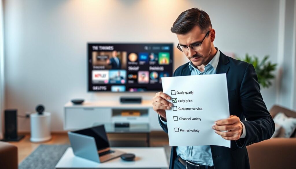 A visually engaging composition illustrating the essential criteria for choosing a reliable and affordable IPTV subscription. In the foreground, display a professional-looking individual, dressed in smart casual attire, reviewing a checklist with symbols representing quality, price, customer service, and channel variety. The middle ground features a modern living room set up with a sleek TV displaying IPTV interface options, while a laptop rests on a stylish coffee table. In the background, soft ambient lighting creates a cozy yet sophisticated atmosphere, with subtle hints of technology like streaming devices. The scene conveys a sense of informed decision-making, emphasizing trust and accessibility in an inviting, tech-savvy environment.