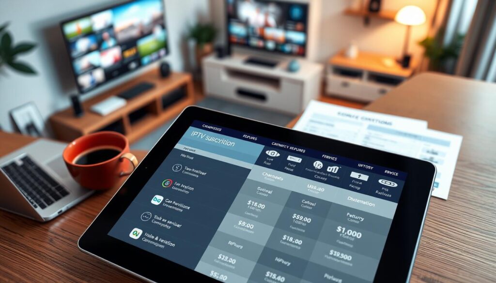 A visually engaging digital illustration of a detailed IPTV subscription comparison chart. In the foreground, a sleek, modern tablet displays various IPTV subscription options with icons representing channels, VOD services, and price categories, clearly demarcated. In the middle ground, an organized workspace featuring a laptop, paperwork comparing various service features, and a cup of coffee, evoking a professional atmosphere. The background features a blurred view of a cozy living room with a large flat-screen TV showcasing streaming content, illuminated by soft, warm lighting. Use a high-angle perspective to provide an overview of the workspace, creating a mood of productivity and clarity, focusing on technology and modern entertainment.