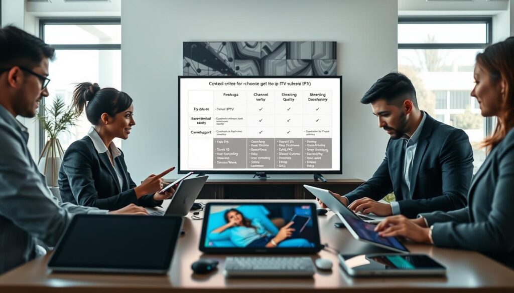 A visually engaging representation of essential criteria for choosing an IPTV subscription. In the foreground, a diverse group of three professionals in business attire is gathered around a table filled with digital devices, such as tablets and laptops, displaying IPTV interfaces. In the middle ground, there should be a large screen showcasing a comparison chart of features like pricing, channel variety, streaming quality, and customer support, illuminated by soft, focused lighting for clarity. In the background, a modern office setting with large windows letting in natural light, and an abstract artwork related to technology. The overall atmosphere should convey a sense of professionalism and innovation, emphasizing analysis and decision-making in selecting IPTV services. A visually engaging representation of essential criteria for choosing an IPTV subscription. In the foreground, a diverse group of three professionals in business attire is gathered around a table filled with digital devices, such as tablets and laptops, displaying IPTV interfaces. In the middle ground, there should be a large screen showcasing a comparison chart of features like pricing, channel variety, streaming quality, and customer support, illuminated by soft, focused lighting for clarity. In the background, a modern office setting with large windows letting in natural light, and an abstract artwork related to technology. The overall atmosphere should convey a sense of professionalism and innovation, emphasizing analysis and decision-making in selecting IPTV services.