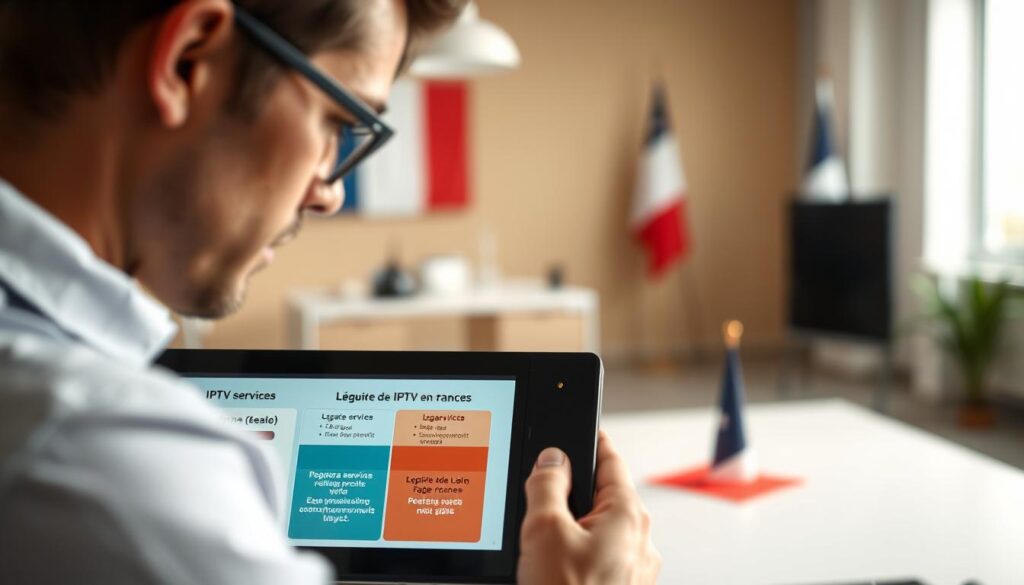 A visually engaging representation of the theme "Légalité de l'IPTV en France". In the foreground, a professional individual in business attire examines a digital device, showcasing various IPTV service options on screen with charts highlighting legal vs. illegal services. In the middle, a blurred office setting conveys an air of authority and professionalism, emphasizing a workspace dedicated to media law. In the background, a subtle silhouette of the French flag symbolizes the country’s regulations surrounding IPTV. Soft, natural lighting illuminates the scene, creating a focused yet approachable atmosphere. The framing suggests a slightly low angle view to accentuate the seriousness of the subject while maintaining clarity and focus on the digital device and the individual’s engaged expression.