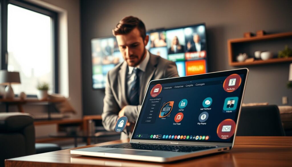 A visually engaging scene capturing essential criteria for selecting a free IPTV player. In the foreground, a modern laptop displays a sleek user interface of an IPTV application surrounded by vibrant icons representing video quality, user interface, and device compatibility. In the middle ground, a focused individual in professional business attire examines the laptop, displaying a thoughtful expression. The background features a stylish living room setting with a large TV screen showcasing diverse streaming content. Soft, warm lighting creates an inviting atmosphere, illuminating the scene, while the camera angle is slightly elevated, highlighting both the person and the laptop screen. The overall mood is informative and professional, inviting viewers to contemplate their IPTV choices.