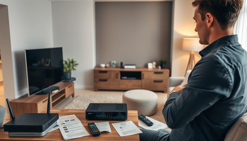 A visually engaging scene depicting a modern living room, designed for troubleshooting common IPTV issues. In the foreground, a person in professional attire, focused and thoughtfully adjusting a sleek IPTV set-top box connected to a large flat-screen TV. The middle ground features various devices, like a router and smart remote control, surrounded by guides and notes regarding IPTV troubleshooting tips. The background shows a cozy and well-lit ambiance with comfortable furniture and soft lighting, giving a productive and relaxed atmosphere. The angle is slightly angled from the side, highlighting both the user and the devices, creating a mood of determination and clarity in resolving IPTV challenges. A visually engaging scene depicting a modern living room, designed for troubleshooting common IPTV issues. In the foreground, a person in professional attire, focused and thoughtfully adjusting a sleek IPTV set-top box connected to a large flat-screen TV. The middle ground features various devices, like a router and smart remote control, surrounded by guides and notes regarding IPTV troubleshooting tips. The background shows a cozy and well-lit ambiance with comfortable furniture and soft lighting, giving a productive and relaxed atmosphere. The angle is slightly angled from the side, highlighting both the user and the devices, creating a mood of determination and clarity in resolving IPTV challenges.