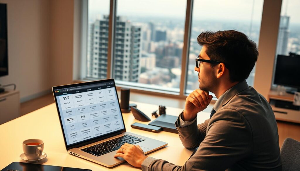 A visually engaging workspace depicting a person in professional business attire, thoughtfully evaluating various IPTV service options. In the foreground, a laptop screen displays a comparison chart of different IPTV services, highlighting features and user ratings. The middle ground features a sleek, modern desk adorned with tech gadgets and a coffee cup, radiating a productive atmosphere. In the background, a well-lit room with a large window shows a view of a picturesque cityscape, suggesting a contemporary lifestyle. The lighting is warm and inviting, creating a balanced and focused mood. The angle is slightly elevated, capturing both the individual’s concentration and the array of IPTV options, emphasizing reliability and performance for diverse user profiles.