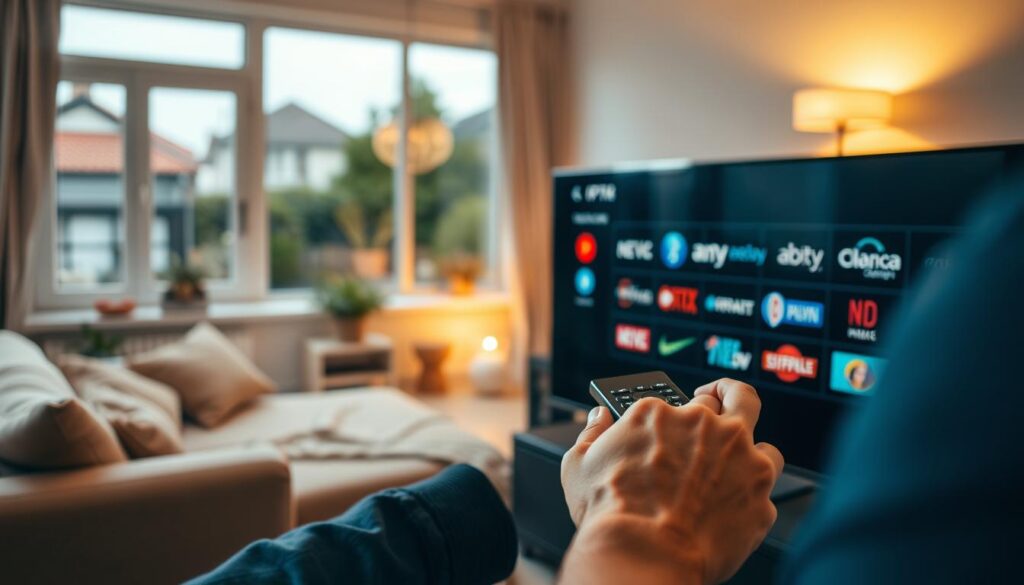 A visually striking and informative image depicting the concept of reliable and economical IPTV subscriptions in France. In the foreground, a sleek, modern television screen displaying various streaming services' logos. A pair of hands confidently navigating a remote control, symbolizing easy access to entertainment. In the middle ground, a cozy living room scene with a comfortable couch and a friendly atmosphere, with warm, inviting lighting that creates a sense of home. The background features a window showing a glimpse of a serene neighborhood, suggesting a peaceful lifestyle. The overall mood is optimistic and reassuring, illustrating the advantages of a trustworthy and affordable IPTV subscription. Capture this in high detail with bright lighting and a slightly angled perspective to enhance depth.