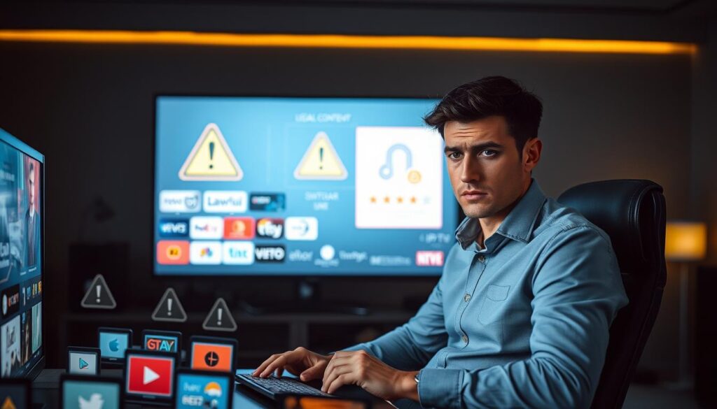 A visually striking and informative scene depicting the limits and risks associated with IPTV subscriptions. In the foreground, a concerned individual in smart-casual attire, seated at a computer, grapples with a barrage of digital content icons representing various streaming services. Their expression is one of caution and contemplation. In the middle ground, a large screen displays warning symbols, such as an exclamation mark and a broken link, conveying potential legal issues and cybersecurity threats. The background features a darkened room with ambient lighting, highlighting the glowing screen and emphasizing a sense of seriousness. The overall mood is tense yet focused, illustrating the importance of informed decision-making when choosing IPTV services. The image composition is balanced, and the perspective is slightly elevated for a dynamic viewpoint. A visually striking and informative scene depicting the limits and risks associated with IPTV subscriptions. In the foreground, a concerned individual in smart-casual attire, seated at a computer, grapples with a barrage of digital content icons representing various streaming services. Their expression is one of caution and contemplation. In the middle ground, a large screen displays warning symbols, such as an exclamation mark and a broken link, conveying potential legal issues and cybersecurity threats. The background features a darkened room with ambient lighting, highlighting the glowing screen and emphasizing a sense of seriousness. The overall mood is tense yet focused, illustrating the importance of informed decision-making when choosing IPTV services. The image composition is balanced, and the perspective is slightly elevated for a dynamic viewpoint.