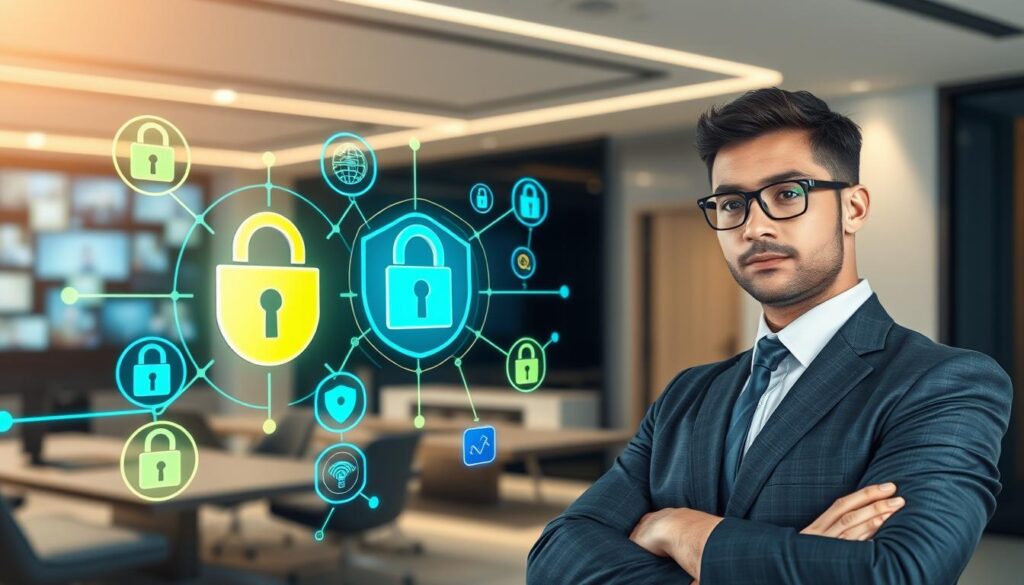 A visually striking and professional illustration showcasing data security and user privacy in the context of Pure IPTV. In the foreground, a confident business professional in formal attire operates a high-tech device, symbolizing trust and expertise in data management. In the middle ground, digital icons representing security features such as locks, shields, and encryption appear prominently, merging with vibrant yet secure colors like blue and green that evoke a sense of safety. The background features a sleek, modern office space with abstract representations of network connections and data flow, capturing the essence of a sophisticated digital environment. Soft, diffused lighting enhances the atmosphere, creating a sense of calm and reliability. The overall mood conveys a commitment to user privacy and data protection.
